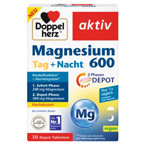 Abbildung der Produktverpackung Doppelherz aktiv Magnesium 600 Tag + Nacht Frontansicht